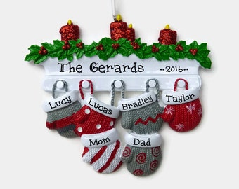 6 Gray and Red Mittens on the Christmas Mantle - Mitten Family of Six  - Hand Personalized Christmas Ornament