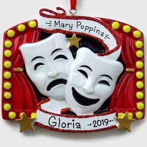 Drama Personalized Ornament  - Tragedy and Comedy Theater Masks - Stage Lights and Curtains - Hand Personalized Christmas Ornament