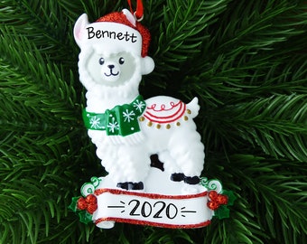 Llama Personalized Ornament - Animal in a Santa Hat - Hand Personalized Christmas Ornament