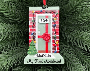 My First Apartment Personalized Ornament - Brick Building - Gray Door - Hand Personalized Christmas Ornament