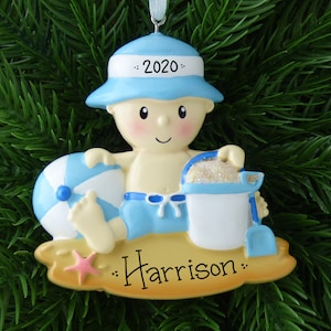 Blue Beach Baby Personalized Ornament - Baby Boy First Swim - Baby's First or Second Christmas - Hand Personalized Ornament