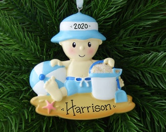 Blue Beach Baby Personalized Ornament - Baby Boy First Swim - Baby's First or Second Christmas - Hand Personalized Ornament