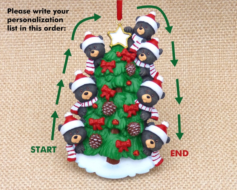 Hand Personalized Ornament 7 Bears on a Christmas Tree Bear Family of Seven