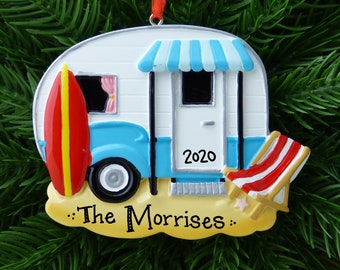 Red and Blue Beach Camper Personalized Ornament - Surfing - Pull Trailer - Vintage Camper - Camping Vacation - Christmas Ornament