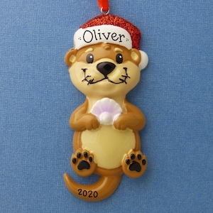 Otter Personalized Ornament - Sea Otter - River Otter - Clam - Animal in a Santa Hat - Hand Personalized Christmas Ornament