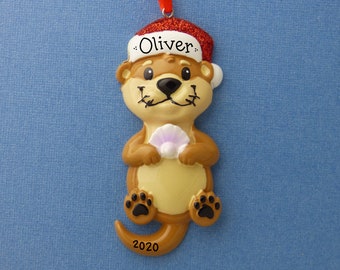 Otter Personalized Ornament - Sea Otter - River Otter - Clam - Animal in a Santa Hat - Hand Personalized Christmas Ornament