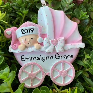 Baby Carriage Personalized Ornament - Pink Baby Girl - Diaper Pin - First Christmas - Hand Personalized Christmas Ornament
