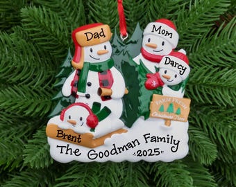 4 Snowmen at the Tree Farm • Family of Four Snowmen • Personalized Family Ornament