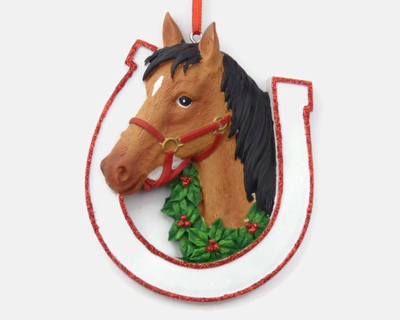 Personalized Brown Horse with Horseshoe Christmas Ornament