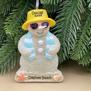 Sandman Ornament • Beach Snowman • Glittery Sand • Beach Vacation Christmas Ornament • Hand Personalized Ornament