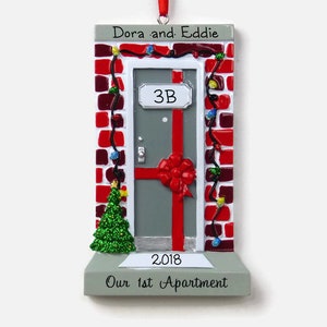 Our 1st Apartment Personalized Ornament - Brick Building - Gray Door - Hand Personalized Christmas Ornament