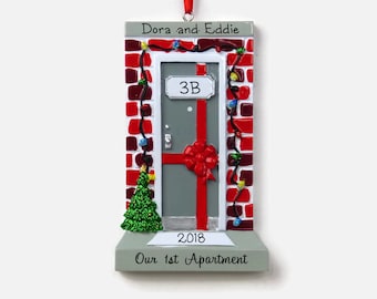 Our 1st Apartment Personalized Ornament - Brick Building - Gray Door - Hand Personalized Christmas Ornament