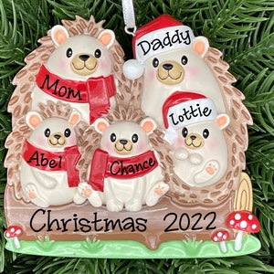 5 Hedgehogs • Family of Five • Personalized Family Ornament • Hedgehogs on a Log