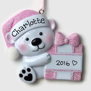 Baby Polar Bear Personalized Ornament - Baby Girl - Baby&#39;s First Christmas - Hand Personalized Christmas Ornament