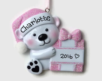 Baby Polar Bear Personalized Ornament - Baby Girl - Baby's First Christmas - Hand Personalized Christmas Ornament