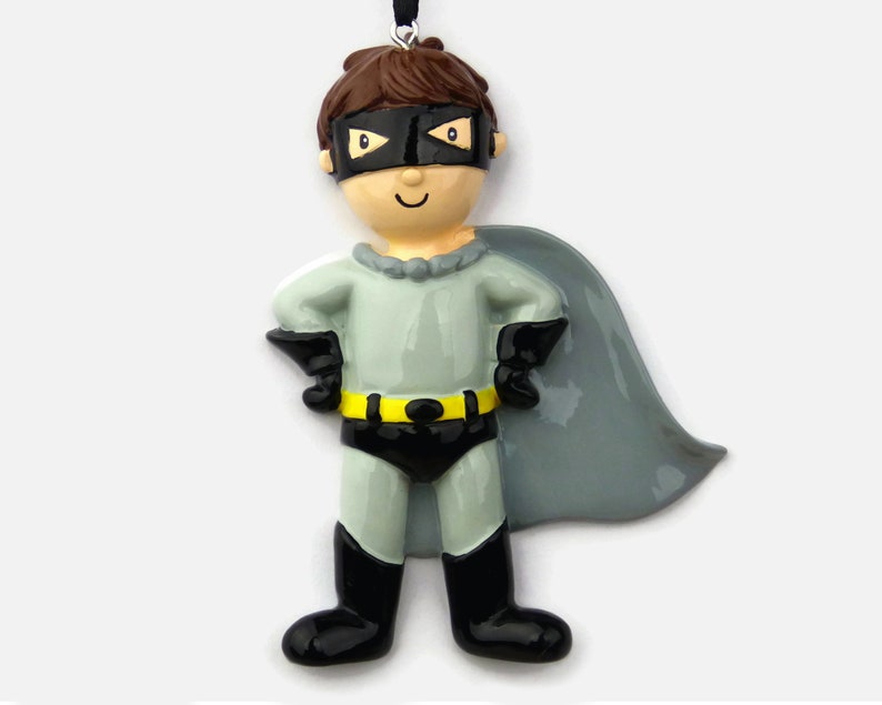 Hand Personalized Christmas Ornament Costume Super Hero Mask and Cape Black and Gray Superhero Boy Personalized Ornament