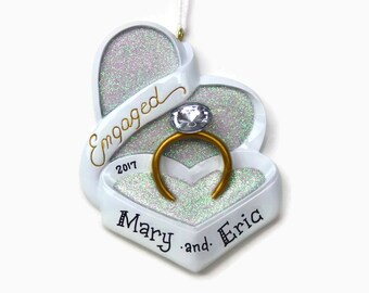 Gold Engagement Ring Ornament // Engagement Gift // Heart Shaped Box // Personalized Christmas Ornaments for Couples