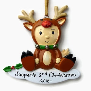 Baby in a Reindeer Costume Personalized Ornament - Baby Boy or Girl - Baby's Second Christmas - Hand Personalized Christmas Ornament