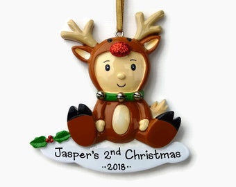 Baby in a Reindeer Costume Personalized Ornament - Baby Boy or Girl - Baby's Second Christmas - Hand Personalized Christmas Ornament