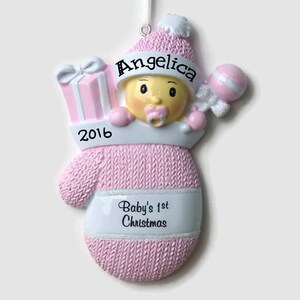 Baby in a Mitten Personalized Ornament - Baby Girl - Baby's First Christmas - Hand Personalized Christmas Ornament