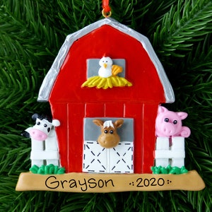 Barnyard Animals Personalized Ornament - Barn with Chicken, Cow, and Pig - Farm Nursery Theme - Hand Personalized Christmas Ornament