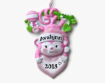 Baby Monkey Personalized Ornament - Baby Girl - Baby's First Christmas - Hand Personalized Christmas Ornament