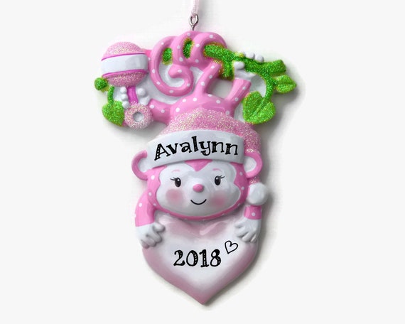 Baby Monkey Personalized Ornament - Baby Girl - Baby's First Christmas - Hand Personalized Christmas Ornament
