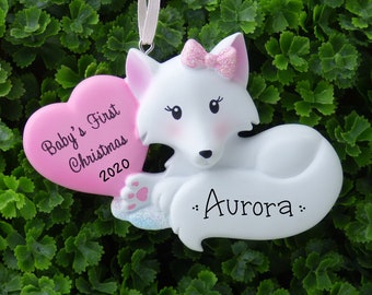 Baby Girl Fox Personalized Ornament - Baby's First Christmas - Hand Personalized Christmas Ornament
