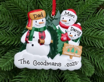 3 Snowmen at the Tree Farm • Family of Three Snowmen • Personalized Family Ornament