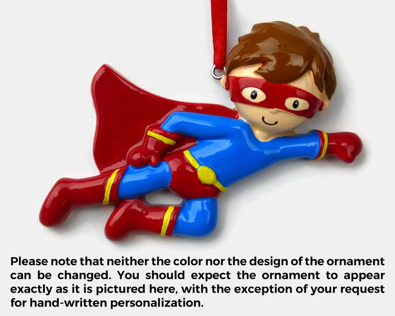 Superhero Boy Personalized Ornament Super Hero Red Cape and Mask Costume Hand Personalized Christmas Ornament image 4