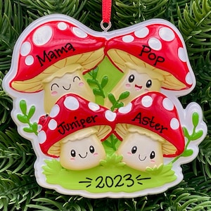4 Mushrooms • Family of Four Toadstools • Personalized Family Ornament • Cottage Core • Happy Smiling Mushrooms