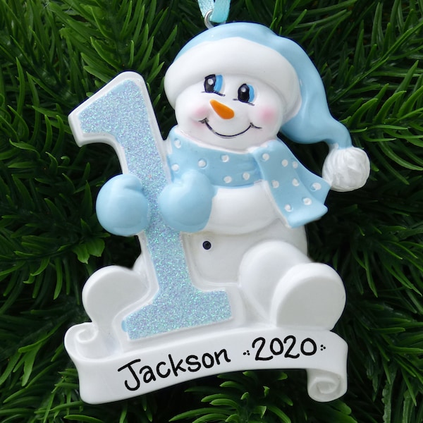 1 Year Old Boy Personalized Ornament - Baby Snowman in Blue Christmas Ornament - Glitter One