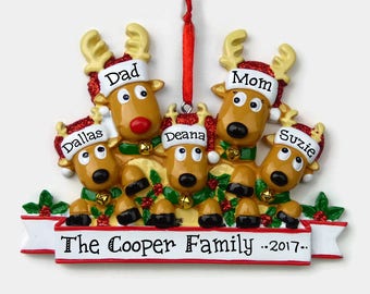 5 Reindeer Family Personalized Ornament - Rudolph Family of Five - Hand Personalized Christmas Ornament