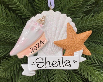Seashells Personalized Ornament • Beach Vacation • Starfish, Conch, Scallop • Hand Personalized Christmas Ornament