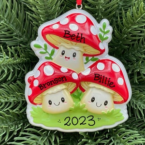 3 Mushrooms • Family of Three Toadstools • Personalized Family Ornament • Cottage Core • Happy Smiling Mushrooms
