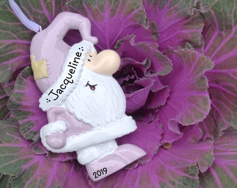 Cute Santa Elf Wearing Lavender - Garden Gnome - Light Purple Santa Outfit - Personalized Christmas Ornament for Little Girl