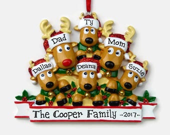 6 Reindeer Family Personalized Ornament - Rudolph Family of Six - Hand Personalized Christmas Ornament