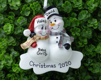 Expecting Parents Personalized Ornament - Snowman Couple - We're Expecting! - Hand Personalized Christmas Ornament