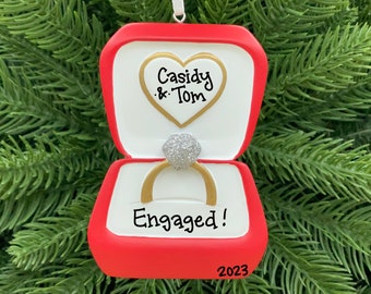 Engagement Ring Personalized Ornament • We're Engaged! • Gold Band • Sparkly Diamond Ring • Red Ring Box • Personalized Christmas Ornament