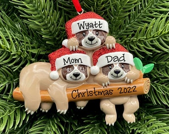 3 Sloth Family Personalized Ornament - Sloth Family of Three - Hand Personalized Christmas Ornament