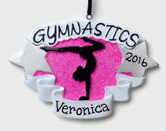 Gymnastics Personalized Ornament - Glittery - Sparkly Pink - Hand Personalized Christmas Ornament