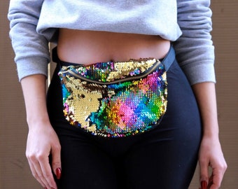 Sparkly Rainbow Gold Mermaid Moveable Sequin Fanny Pack Bum Waist Bag Festival EDM Rave Mardi Gras Carnival Purse Satchel Crossbody Pouch