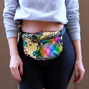 Sparkly Rainbow Gold Mermaid Moveable Sequin Fanny Pack Bum Waist Bag Festival EDM Rave Mardi Gras Carnival Purse Satchel Crossbody Pouch image 1