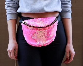 Pink Irridescent Mermaid Moveable Reversible Sequin Fanny Pack Bum Waist Bag Festival EDM Rave Mardi Gras Carnival Purse Crossbody Satchel