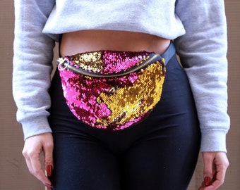 Pink Gold Mermaid Moveable Reversible Sequin Fanny Pack Bum Waist Bag Festival EDM Rave Mardi Gras Carnival Purse Satchel Crossbody Pouch