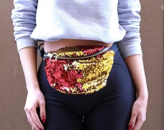 Sparkly Red Gold Mermaid Moveable Sequin Fanny Pack Bum Waist Bag Festival EDM Rave Mardi Gras Carnival Purse Satchel Crossbody Pouch