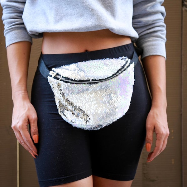 Sparkly Silver White Iridescent Mermaid Moveable Reversible Sequin Fanny Pack Bum Waist Bag Festival EDM Rave Mardi Gras Carnival Crossbody