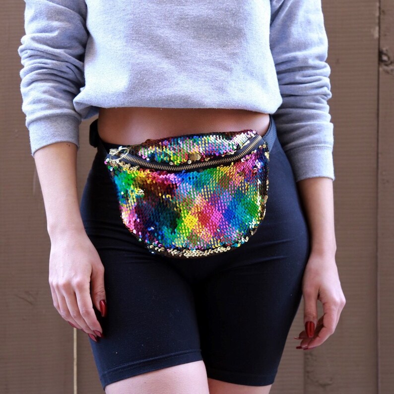 Sparkly Rainbow Gold Mermaid Moveable Sequin Fanny Pack Bum Waist Bag Festival EDM Rave Mardi Gras Carnival Purse Satchel Crossbody Pouch image 2