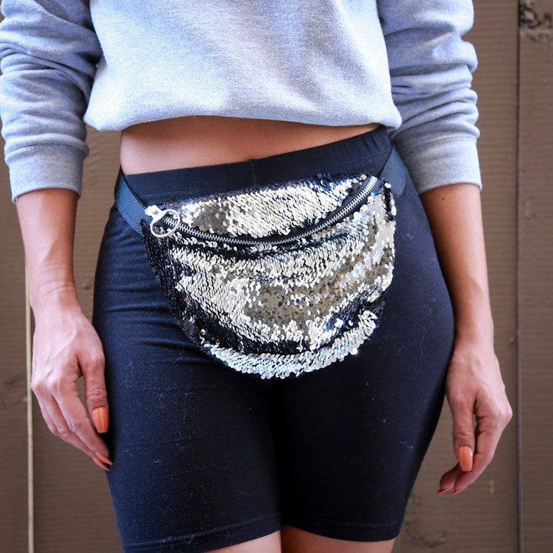 Sparkly Silver Black Mermaid Moveable Sequin Fanny Pack Bum Waist Bag Festival EDM Rave Mardi Gras Carnival Purse Satchel Crossbody Pouch image 2