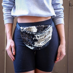 Sparkly Silver Black Mermaid Moveable Sequin Fanny Pack Bum Waist Bag Festival EDM Rave Mardi Gras Carnival Purse Satchel Crossbody Pouch image 1